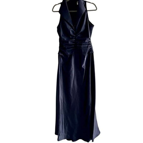 Tadashi‎ Shoji Navy Blue Satin Ruched Tuxedo Collared Style Evening Dress Gown - Picture 1 of 5